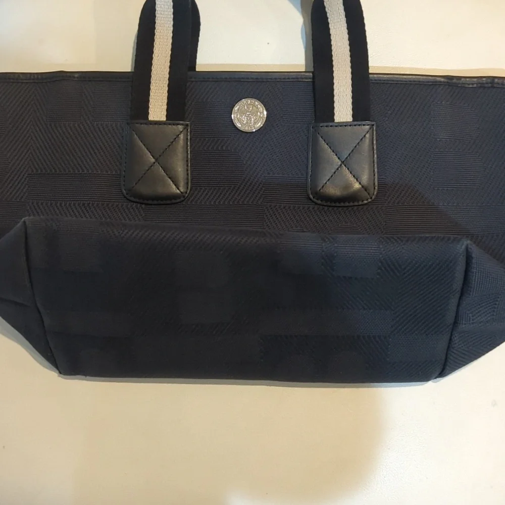 Black Bally canvas tote with black and white canvas handles